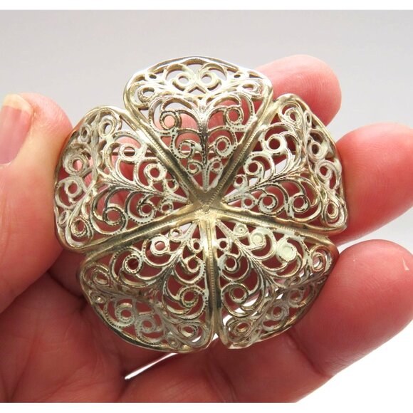 Vintage Flower Brooch 2" White Washed Filigree Gold Tone Metal Domed Petals - Picture 7 of 12
